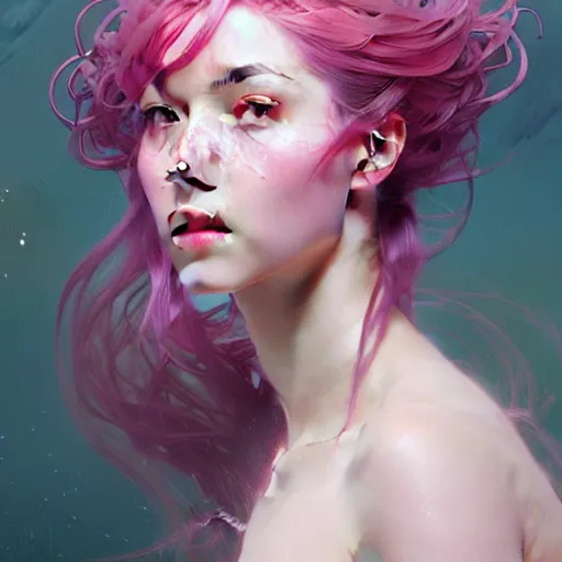 Image similar to Portrait of a eurasian girl with pink hair, glowing skin, fantasy, intricate, elegant, highly detailed, digital painting, artstation, concept art, smooth, sharp focus, illustration, art by Krenz Cushart and Artem Demura and alphonse mucha