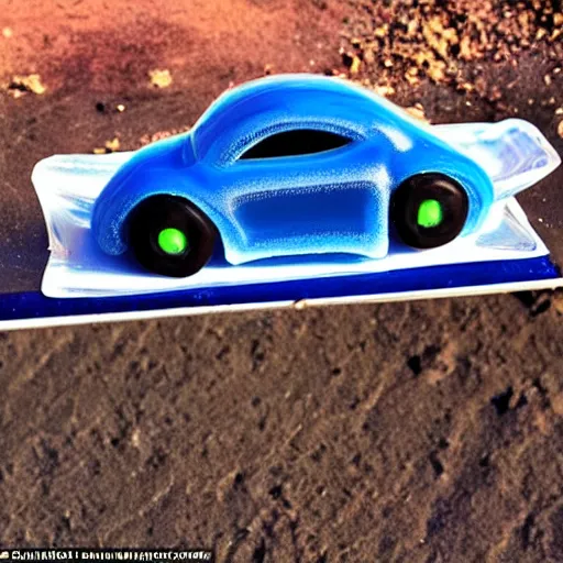 Prompt: a blue gummy bear sizzles and is half melted because it\'s on the hood of a futuristic high tech sports car in the bright hot desert sun.