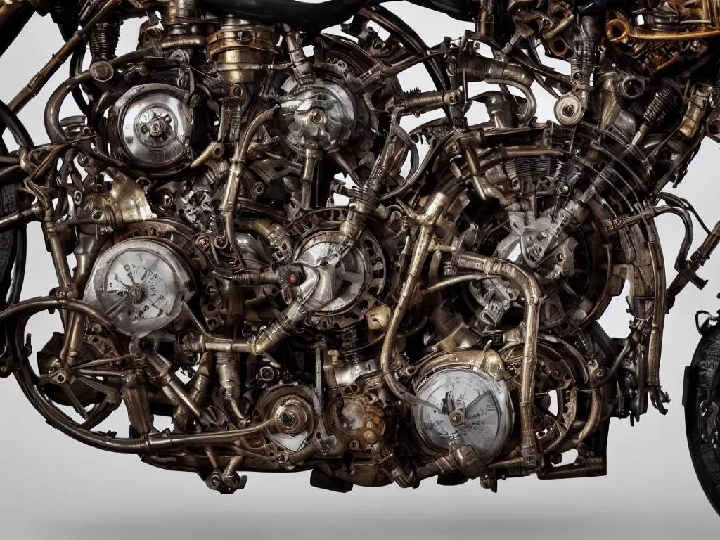 Image similar to a steampunk superbike with intricate engine mechanical parts, product photography,