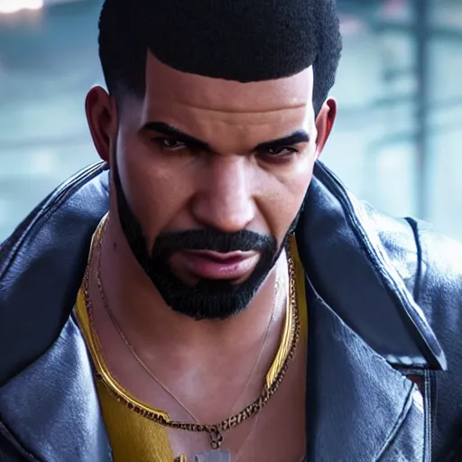 Prompt: a videogame still of Drake in Tekken 7, 40mm lens, shallow depth of field, split lighting