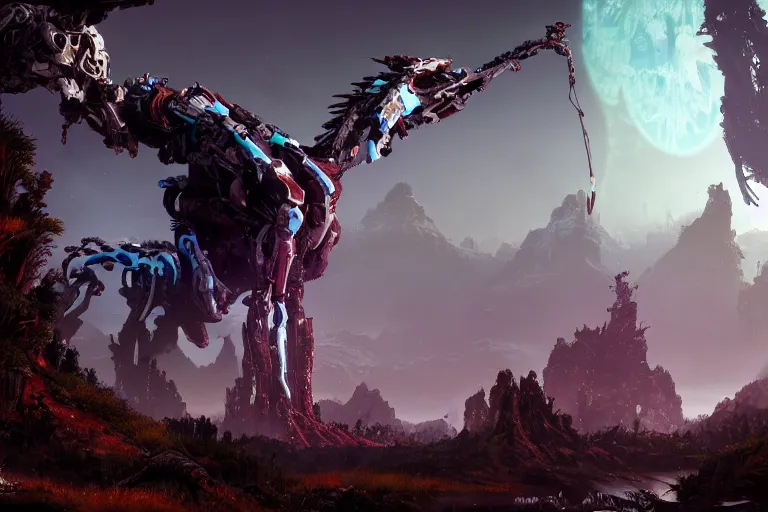 Prompt: wide epic shot. a hyper detailed fanghorn evangelion realistic mechanical and organic creature similar look as horizon forbidden west horizon zero dawn, bioluminiscence in a dark deep forest at dawn in spring, with reflection and textures, by kilian eng, substance painter reaslitic mech surface metal painted scratches, world env from horizon forbidden west horizon zero dawn