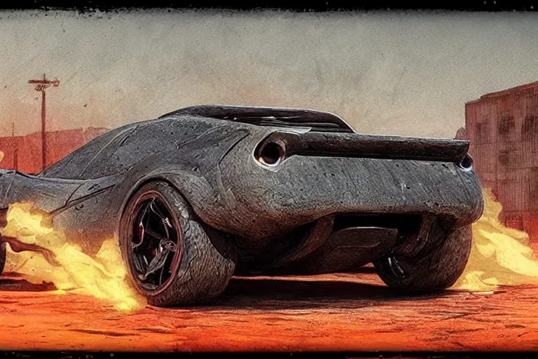 Image similar to hypercar in mad max, painted by hector garrido and derek riggs, trending on artstation, volumetric lighting rear view profile picture, daguerreotype, still life, figurativism, socialist realism