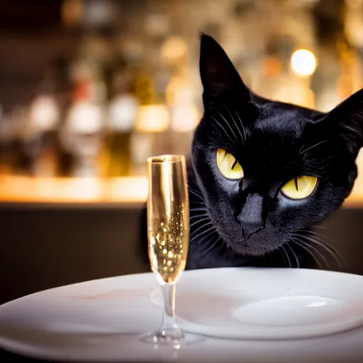 Image similar to a photo of a black cat drinking expensive champagne in a fancy dark bar, f 1. 8, iso 1 6 0 0