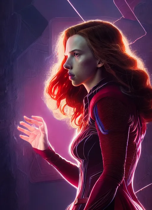 Prompt: character design by james jean, jakub rebelka, tran nguyen, yoann lossel, wadim kashin ( ( ( portrait of scarlett johansson as scarlet witch from avengers endgame ) ) ) emerging from a magic portal, sharp edges. ultra clear detailed. 8 k. ultra detailed, majestic, seductive