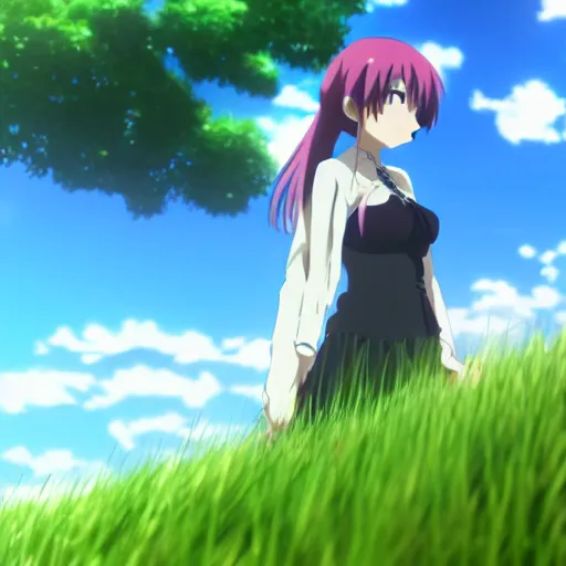 Prompt: an anime girl standing in the grassy hills, animated by ufotable, ufotable anime quality, 4 k very high quality, very detailed