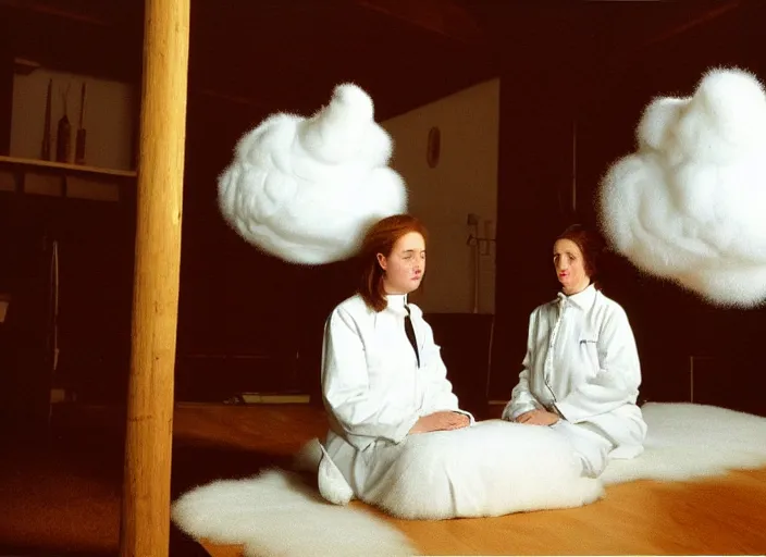 Image similar to realistic photo of a two medieval female scientists wearing white cotton jackets, watching at a levitating fluffy furry cloud, living room laboratory interior is made of wood 1 9 9 0, life magazine reportage photo, natural colors