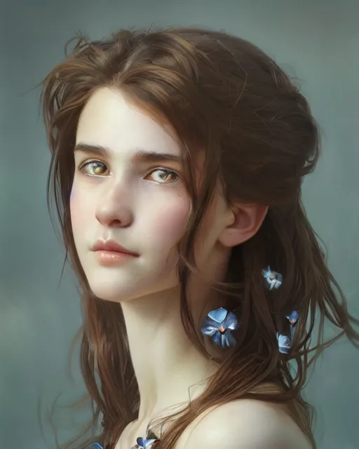 Prompt: symmetry!! portrait of 1 5 - year - old girl with voluminous bushy brown hair, large front teeth, and bright piercing brown eyes, highly detailed, digital painting, artstation, concept art, smooth, sharp focus, illustration, art by artgerm and greg rutkowski and alphonse mucha