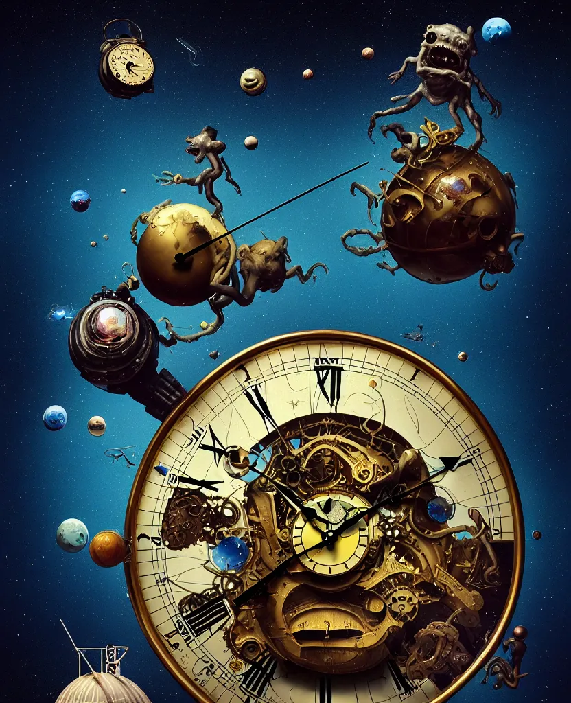 Prompt: duotone surreal illustration 3 / 4 portrait of chimeric monster measuring time on salvadore dali clock in outer space, dark starry background. golden ratio accidental renaissance. by sachin teng and sergey kolesov and ruan jia and heng z. graffiti art, scifi, fantasy, hyper detailed. octane render. concept art. trending on artstation