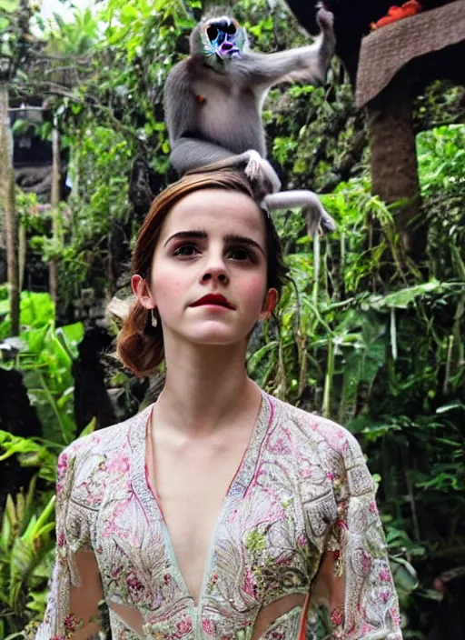 Prompt: emma watson wearing traditional kebaya bali in bali. iconic monkey place in bali. front view. instagram holiday photo shoot, perfect faces, 5 0 mm