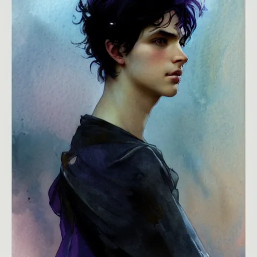 Image similar to young boy, black hair, purple eyes, gorgeous, amazing, delicate, elegant, intricate, highly detailed, watercolor, portrait, artstation, concept art, sharp focus, illustration, art by artherm and greg rutkowski and alphonse mucha