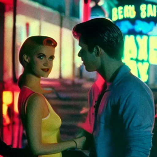 Prompt: Archie Andrews and Betty Cooper in an alley with neon signs, movie still from Blade Runner