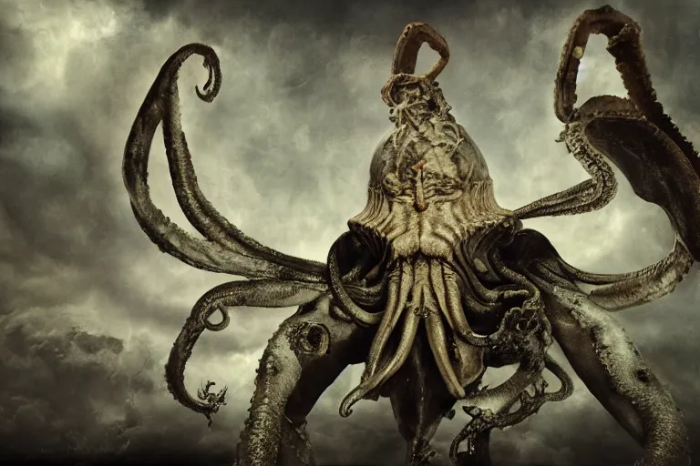 Image similar to full color joel peter witkin photo of cthulhu, annie liebovitz, bosch, odd nerdrum, octane render