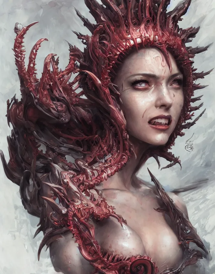 Image similar to a hyper detailed anime face portrait of the queen of blades smiling, with a beautiful face, by dorian cleavenger, greg rutkowski, wlop, astri lohne, zdzisław beksinski trending on artstation