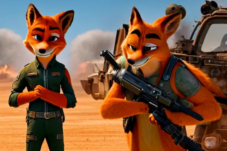 Image similar to nick wilde ( from zootopia ), heavily armed and armored facing down armageddon in a dark and gritty reboot from the makers of mad max : fury road