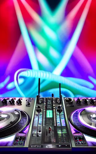 Image similar to award winning photo of an octopus! as a dj with tentacles! simultaneously placed turntables cdjs and knobs of a pioneer dj mixer. sharp, blue and fuschia colorful lighting, in front of a large crowd, studio, medium format, 8 k detail, volumetric lighting, wide angle, at an outdoor psytrance festival main stage at night