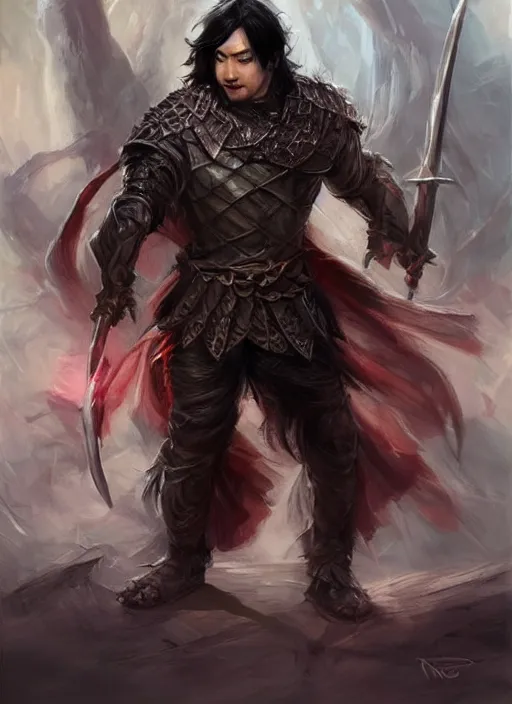 Image similar to asian with medium black hair man looks belly point of view, dndbeyond, bright, colourful, realistic, dnd character portrait, full body, pathfinder, pinterest, art by ralph horsley, dnd, rpg, lotr game design fanart by concept art, behance hd, artstation, deviantart, hdr render in unreal engine 5