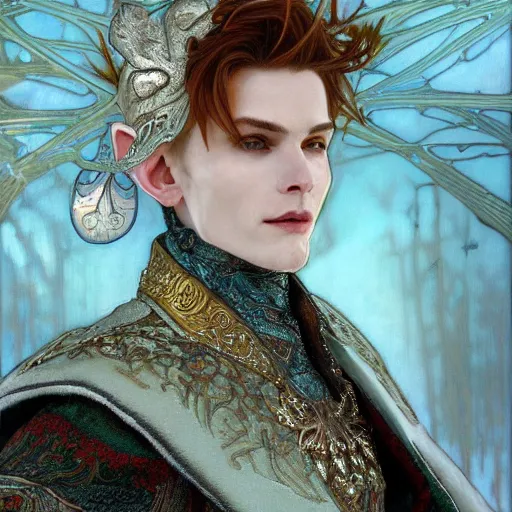 Image similar to a close - up portrait of an androgynous handsome male snow elf in a turquoise cape and silver armour, albino skin, winter vibes, elegant, very coherent symmetrical artwork, by tomasz alen kopera and alphonse mucha and charlie bowater, photorealistic