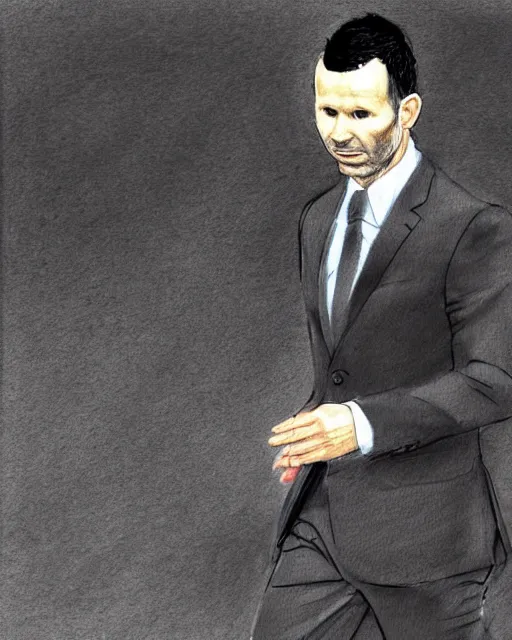 Prompt: ryan giggs wearing a formal suit. old and tired. court sketch artist.