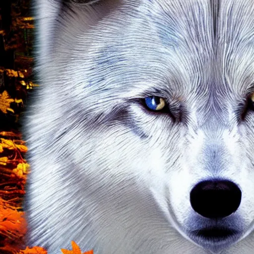 Image similar to white wolf with blue eyes, in the autumn forest, realistic, 8 к, fullbody photo