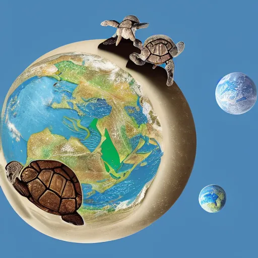 Image similar to a stack of turtles in space beneath a globe of the earth, earth globe on top