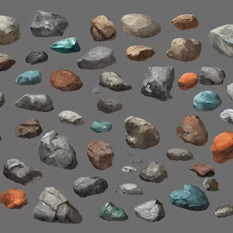 Image similar to a bunch of rocks and stones that are on a gray background, concept art by senior environment artist, featured on polycount, environmental art, artstation hq, artstation hd, polycount