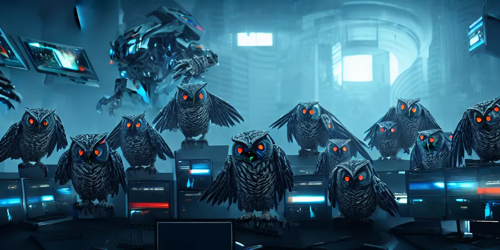 Image similar to an army of evil, malevolent, giant cyborg owls surrounded by computers and computer screens. this 4 k hd image is trending on artstation, featured on behance, well - rendered, extra crisp, features intricate detail and the style of unreal engine. volumetric lighting octane render