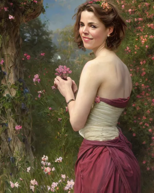 Prompt: a portrait painting of sabrina lloyd / perdita weeks / nicole de boer / maura tierney / anne winters hybrid oil painting, gentle expression, smiling, elegant clothing, scenic background, extremely detailed and lifelike, artgerm, greg rutkowski, alphonse mucha, vladimir volegov, adolphe bouguereaum, greg hildebrandt