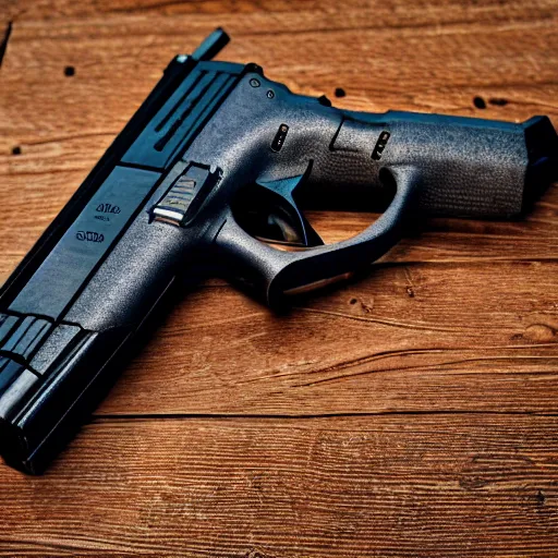 Prompt: a mefium shot photograph of a glock 18 on a wooden background