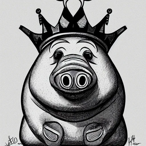 Prompt: black and white ink marker cartoon sketch of a pig in a crown by beeple