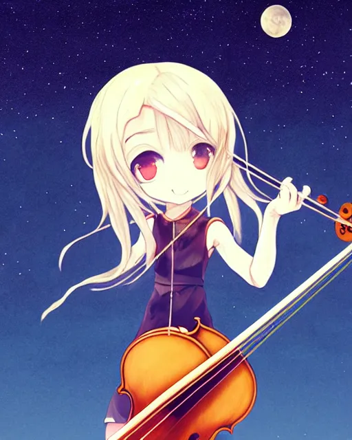 Image similar to chibi, cute, female, full body, elf girl with white skin and golden long wavy hair, holding a violin and playing a song, stunning art style, filters applied, lunar time, night sky, trending art, sharp focus, centered, landscape shot, fate zero, simple background, studio ghibly makoto shinkai yuji yamaguchi, by wlop