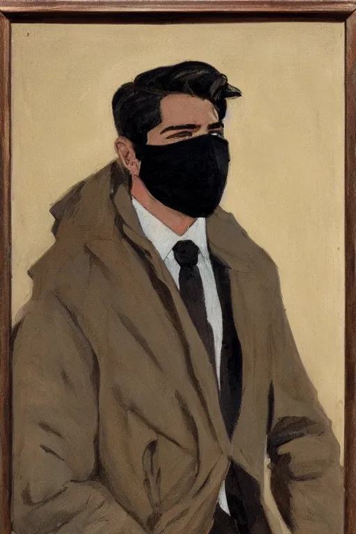 Image similar to portrait of young man wearing black medical mask, style of coby whitmore