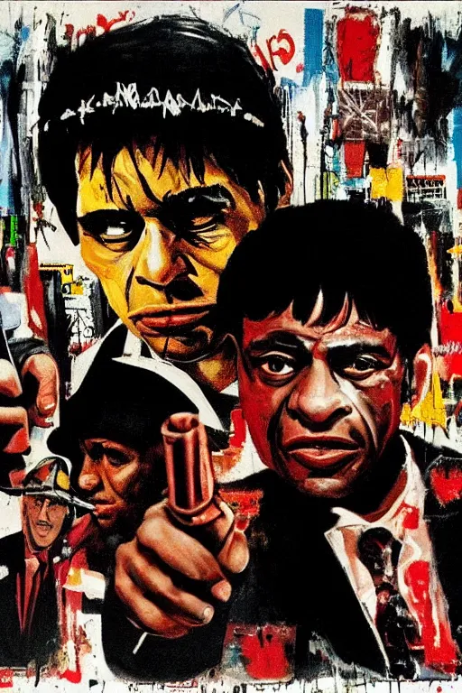 Image similar to scene from scarface movie, mafia, basquiat - style, retro - futuristic