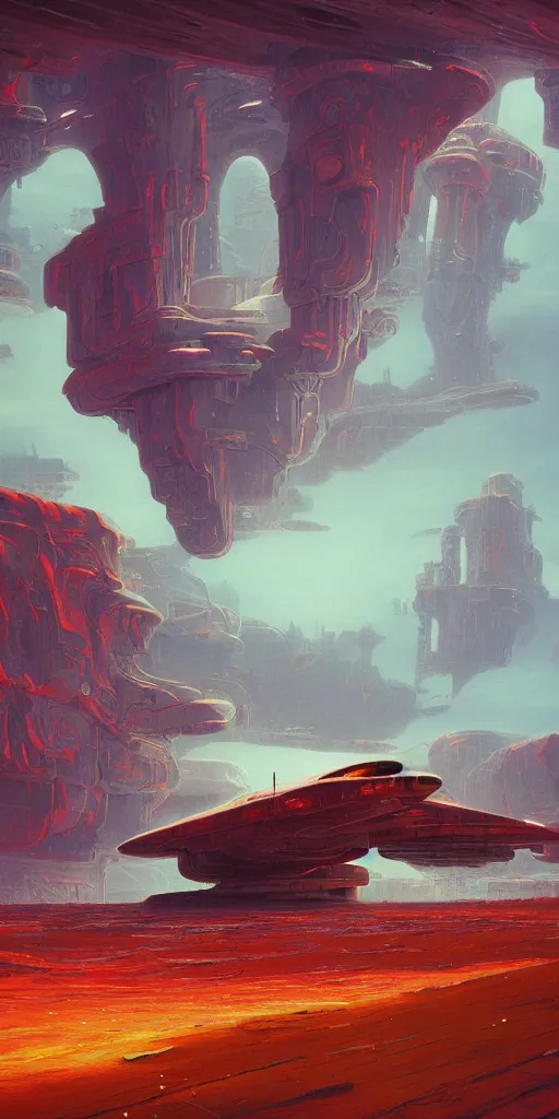 Image similar to look on my works ye mighty and despair, a highly detailed cinematic oil painting by roger dean and alena aenami, crashed spaceship!!, dynamic lighting