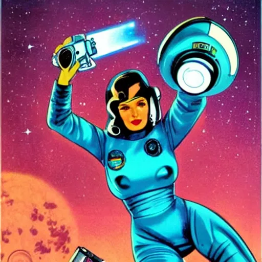 Prompt: retro sci - fi art of a beautiful woman in a retro - future spacesuit floating through space. she is holding a lazer blaster in hand.