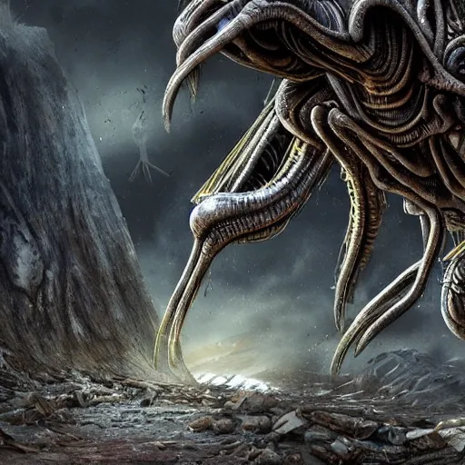 Image similar to alien creature looking for signs of life on earth, post apocalyptic, extreme detail, deviant art, dystopian,