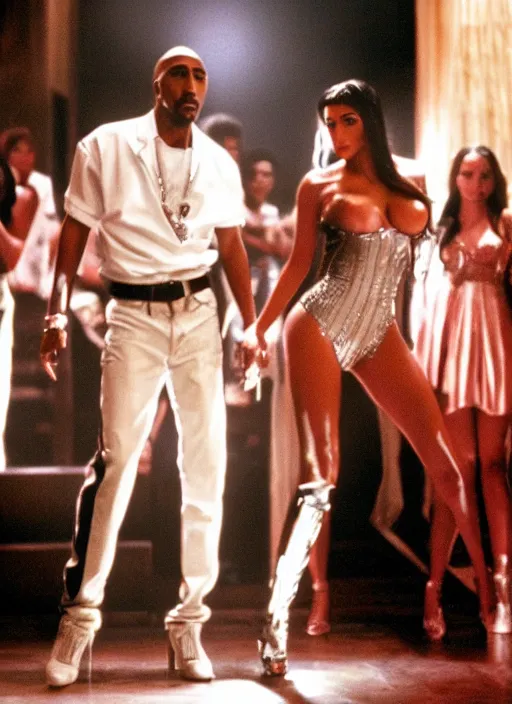 Image similar to film still of Tupac as tony montana dancing with kim kardashian in scarface, 4k