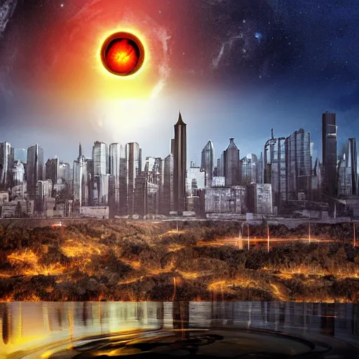 Image similar to black hole rising above city, digital art, art by gonzalo fuenmayor, asher brown durand