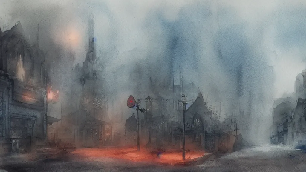 Image similar to a watercolor painting of an abandoned city in hell, scary, foggy, fantasy, smoke, fire, circular, digital art,