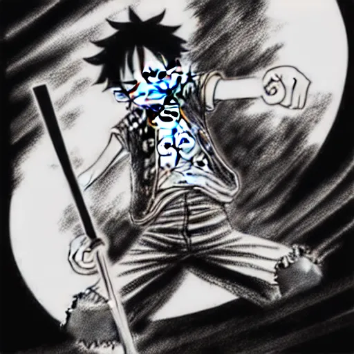 Image similar to Luffy (One Piece, 1997 ), artwork by kentaro miura, Kentaro Miura style, Berserk Style, High details, centered full body pose, zenith angle, shadowy area, dramatic lighting, concept, cinematic composition, manga, black and white ink style, a lot of details with ink shadows