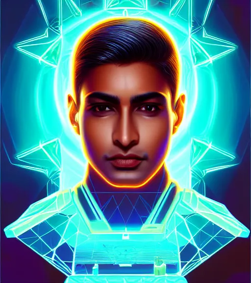 Image similar to symmetry!! indian prince of technology, solid cube of light, hard edges, product render retro - futuristic poster scifi, lasers and neon circuits, brown skin handsome indian prince, intricate, elegant, highly detailed, digital painting, artstation, concept art, smooth, sharp focus, illustration, dreamlike, art by artgerm