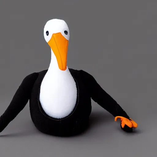 Prompt: plush of a stork wearing a black suit