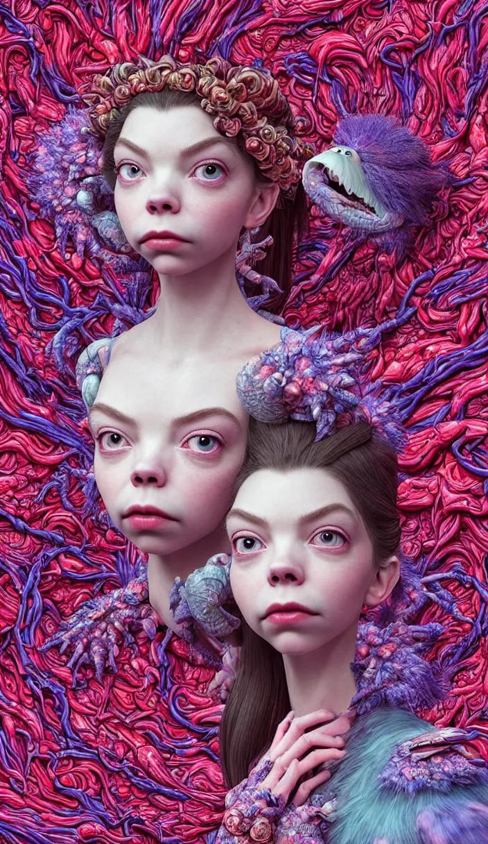 Prompt: hyper detailed 3d render like a Oil painting - kawaii portrait Aurora (a beautiful skeksis muppet queen from dark crystal that looks like Anya Taylor-Joy from the neck up) seen red carpet photoshoot in UVIVF posing in scaly dress to Eat of the Strangling network of yellowcake aerochrome and milky Fruit and His delicate Hands hold of gossamer polyp blossoms bring iridescent fungal flowers whose spores black the foolish stars by Jacek Yerka, Ilya Kuvshinov, Mariusz Lewandowski, Houdini algorithmic generative render, Abstract brush strokes, Masterpiece, Edward Hopper and James Gilleard, Zdzislaw Beksinski, Mark Ryden, Wolfgang Lettl, hints of Yayoi Kasuma, octane render, 8k