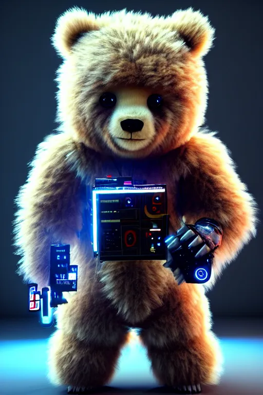 Image similar to high quality 3 d render very cute fluffy cyborg bear! plays electric guitar, cyberpunk highly detailed, unreal engine cinematic smooth, in the style of blade runner & detective pikachu, hannah yata charlie immer, moody light, low angle, uhd 8 k, sharp focus