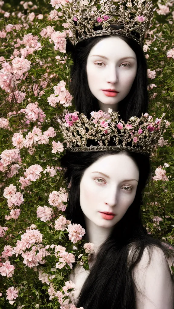 Image similar to a closeup portrait of a beautiful black haired woman with pale skin and a crown on her head sitted on an intricate metal throne, in an infinite landscape of flowers, photograph by caravaggio, canon eos c 3 0 0, ƒ 1. 8, 3 5 mm, 8 k, medium - format print