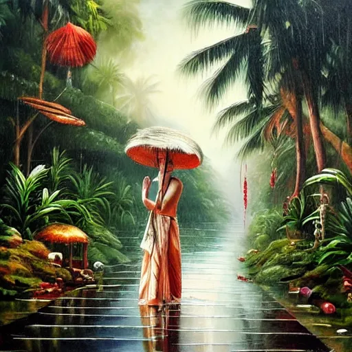 Image similar to monsoon on tropical island, attractive oriental native in white, frontal, ornate, beautiful, atmosphere, vibe, mist, coconuts, rain, wet, pristine, puddles, melting, dripping, snow, creek, lush, ice, bridge, forest, roses, flowers, oil painting by hans zatska