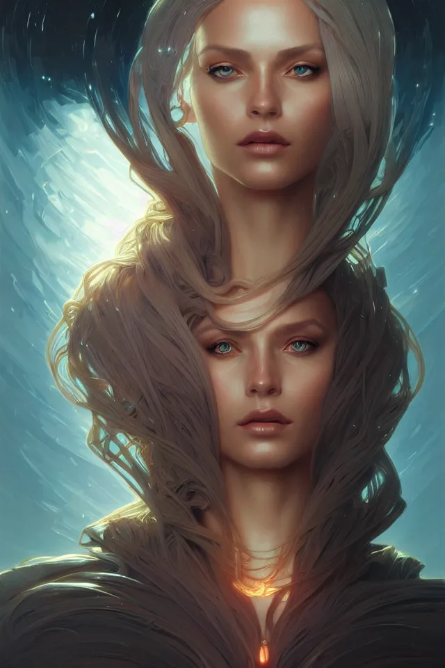 Image similar to futuristic woman portrait, sci-fi, amber eyes, face, long hair, fantasy, intricate, elegant, highly detailed, digital painting, artstation, concept art, smooth, sharp focus, illustration, art by artgerm and greg rutkowski and alphonse mucha