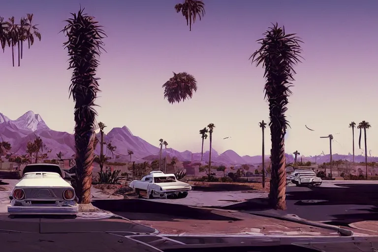 Image similar to broken robot | abandoned motel | palm trees | snowy mountains | moon in sky, painting by syd mead and weta studio and moebius and james jean and frank frazetta, gta san - andreas game screenshot, highly detailed, rule of third, soft lighting, architectural magazine, insanely intricate details, artstation trending, hypermaximalistic, high details, cinematic