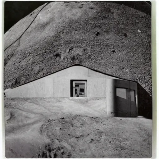 Image similar to a swiss underground bunker project for protection of every swiss residence in the cold war, medium, strong, boulder bunker, 6 0 s, polaroid