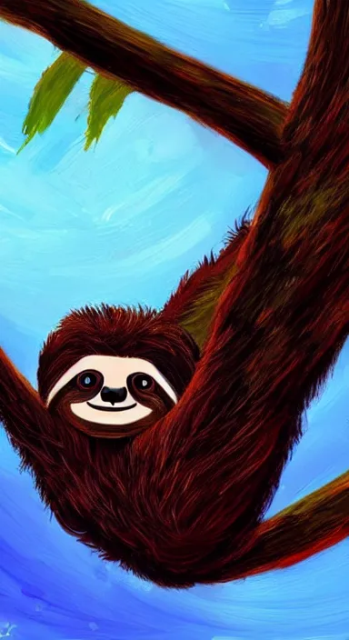 Prompt: very dark background, a cute sloth hanging on a tree, made of bright colored thick flowing dramatic brush strokes, matte colors, impressionist, trending on artstation
