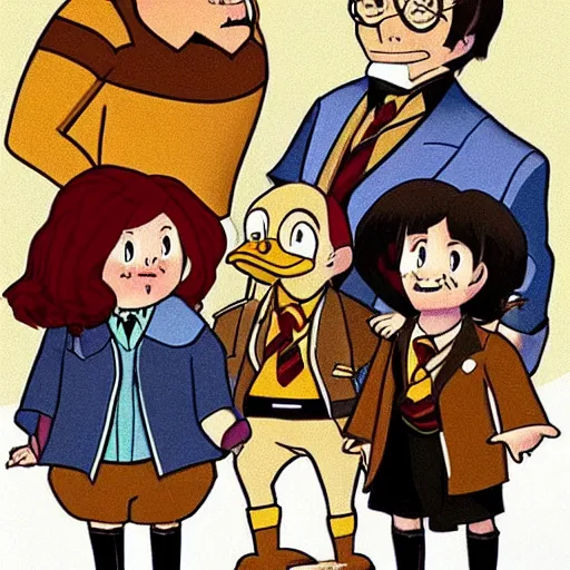 Image similar to Harry Potter, Ron and Hermiona look like ducks from a DuckTales style